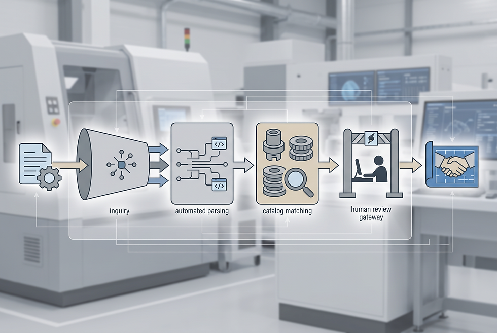 Technical sales workflow diagram showing data ingestion, automated qualification, and human approval steps in an industrial manufacturing setting.