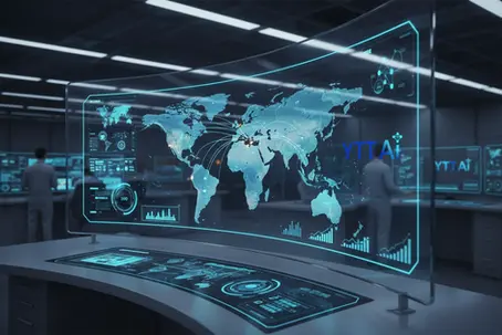 Global B2B manufacturing marketing and trade routes overlay on a modern smart factory control room.