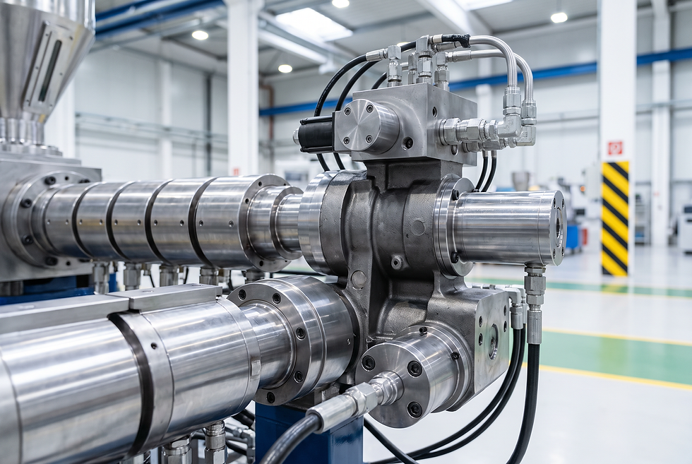 High-precision mechanical extruder barrel and hydraulic machinery assembly on a factory production floor.