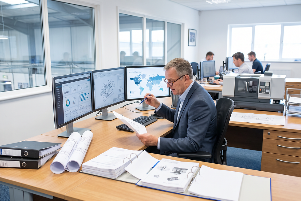 Commercial export director examining international equipment inquiries and technical machinery specifications in a professional office.