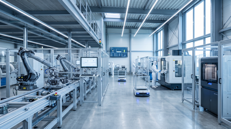 Moderne automatisierte Fertigungshalle mit Robotik und industriellen Produktionsanlagen