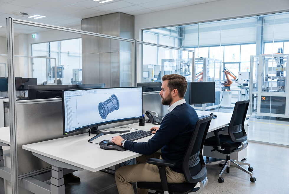 Manufacturing engineering environment showing digital 3D model evaluation and technical quotation validation.