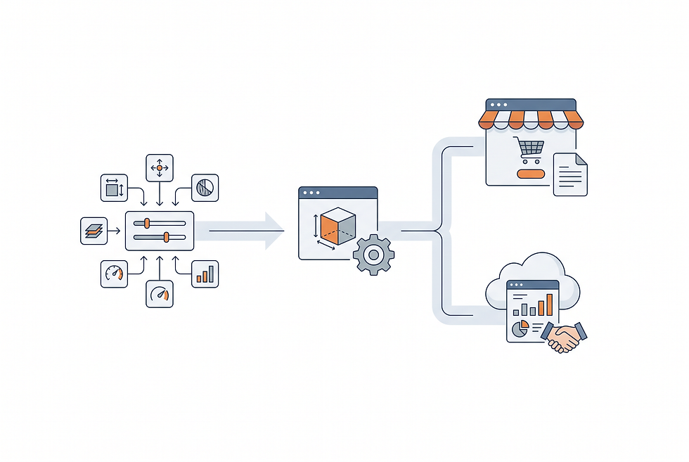 Structured workflow diagram illustrating how technical parameter inputs convert into digital sales assets and engineering CAD files.