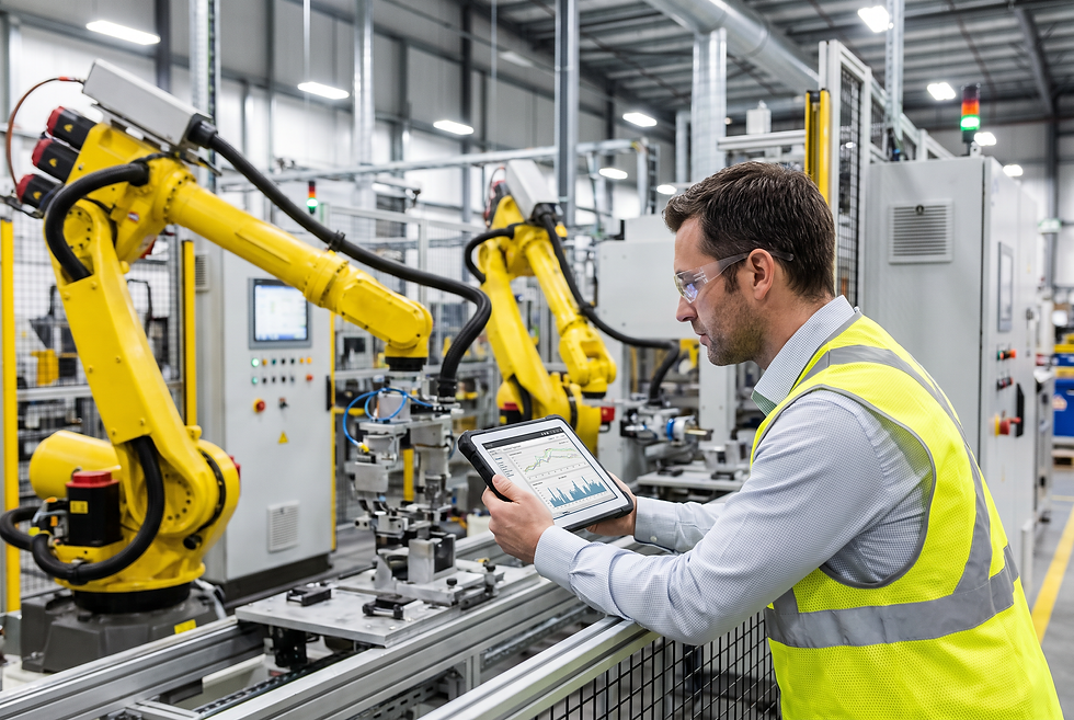 Industrial sales engineer analyzing machinery specifications and commercial operational metrics.