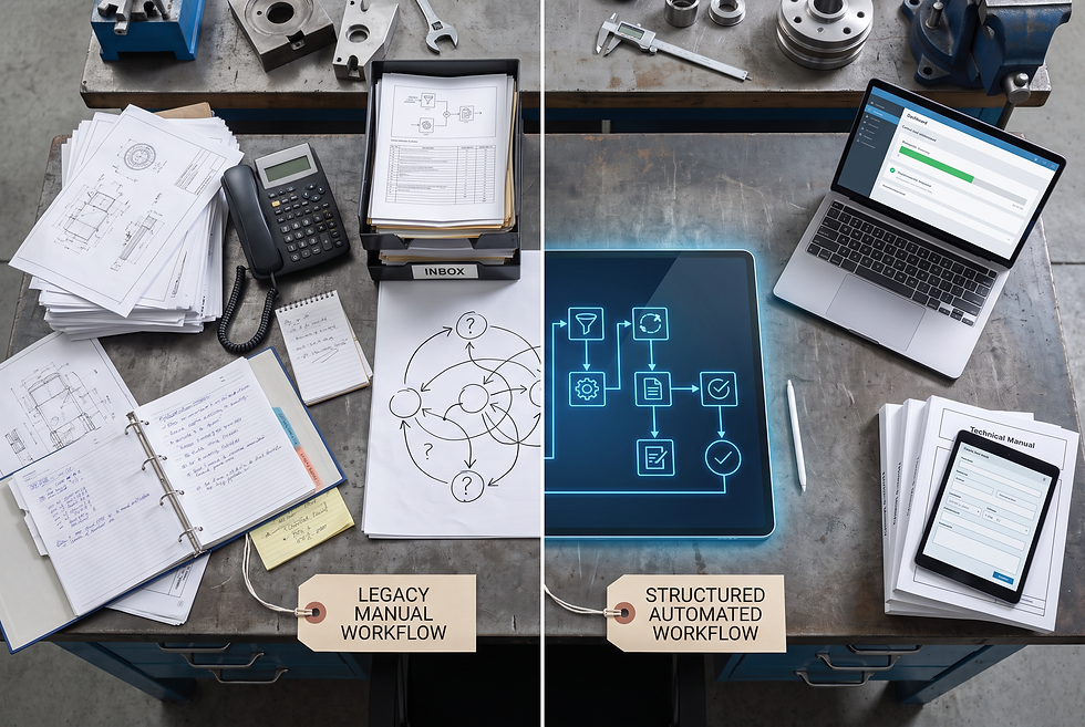Process comparison showing structured technical qualification workflow for industrial packaging equipment inquiries.