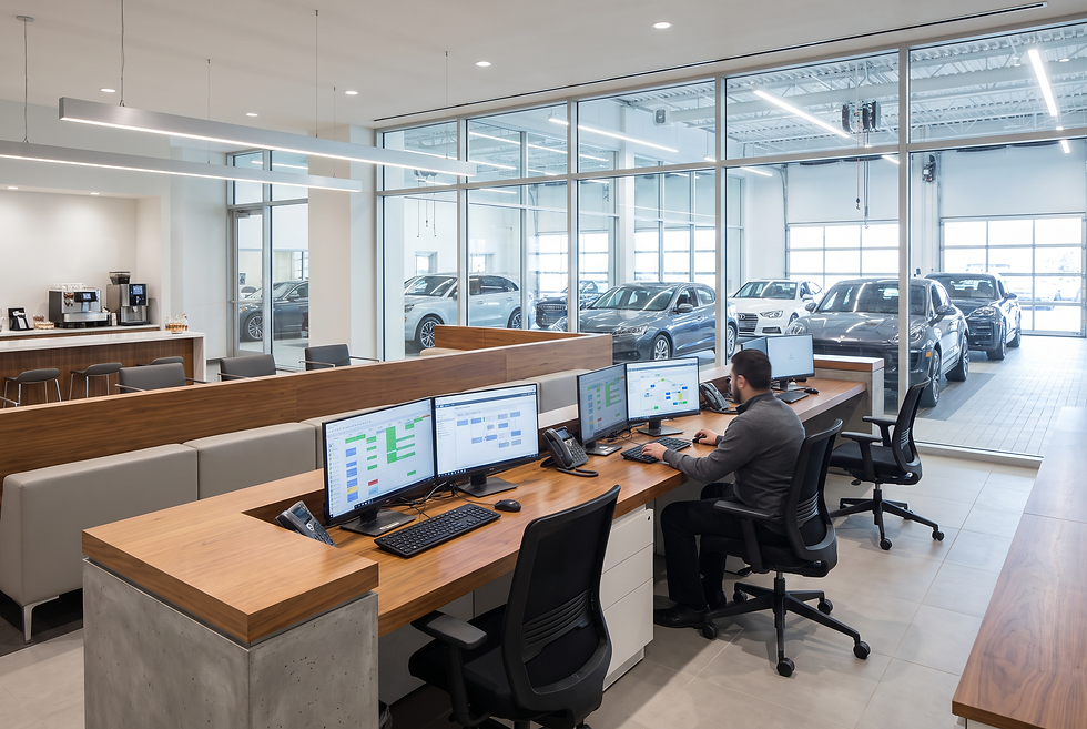 Modern automotive service drive environment representing service appointment scheduling workflows.