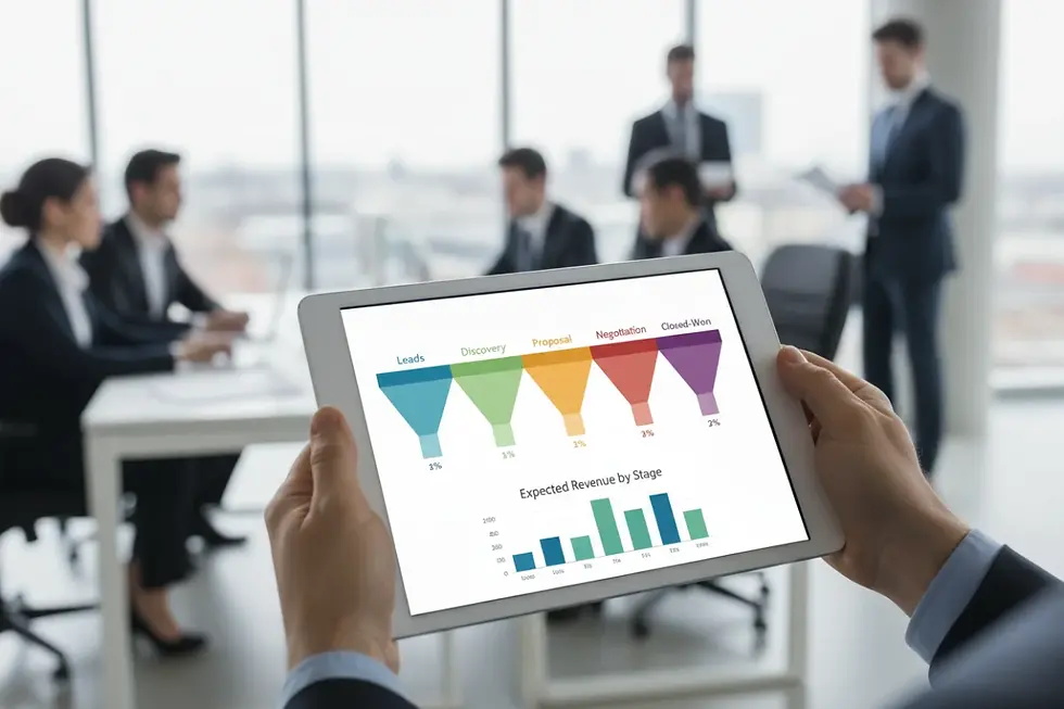 A digital sales pipeline funnel graphic displayed on a tablet, illustrating the key stages of B2B pipeline tracking.