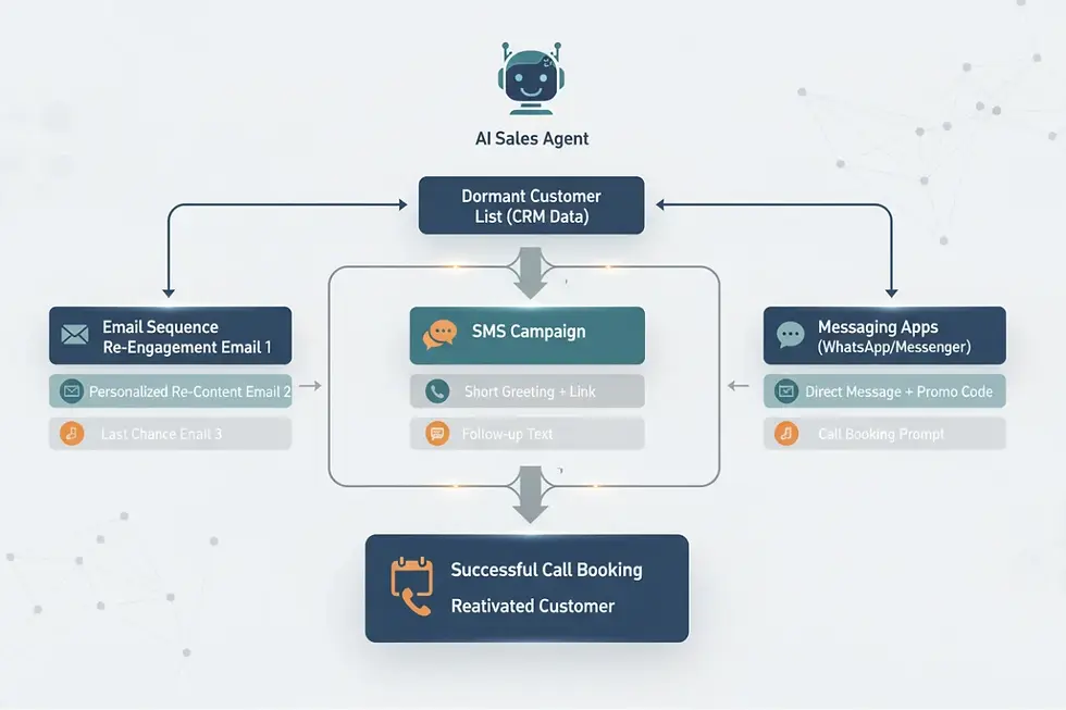 Flowchart detailing the multi-channel reactivation sequence of an AI sales agent for cold accounts.