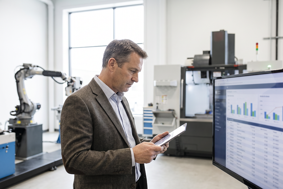 Industrial sales director reviewing qualified trade show lead opportunities and technical specifications.