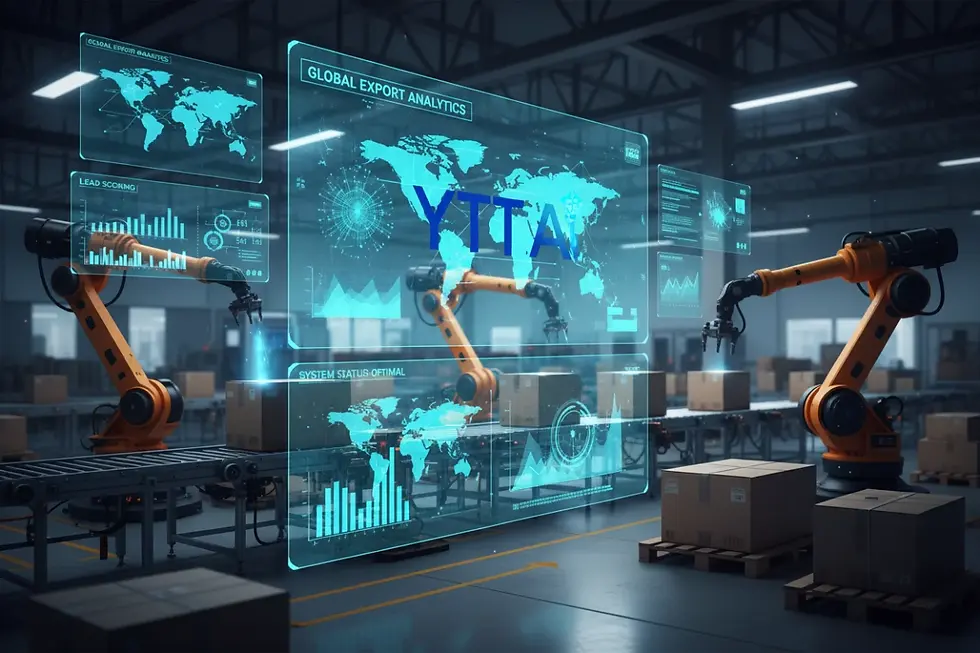 AI-powered B2B manufacturing export dashboard overlaying a modern factory floor.