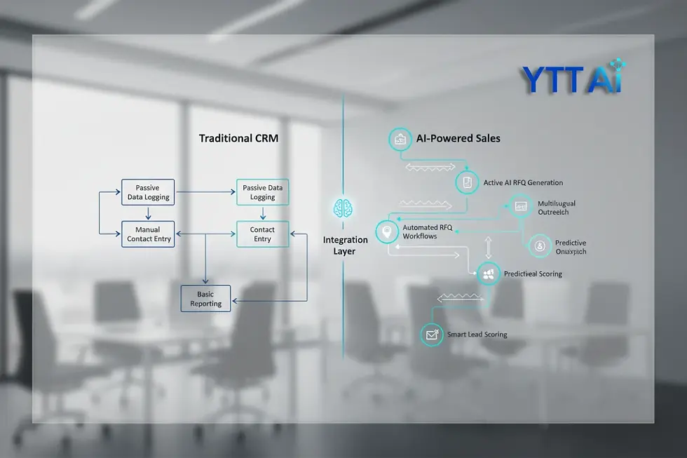 Comparison flowchart between legacy B2B CRM systems and modern AI sales agent architectures.