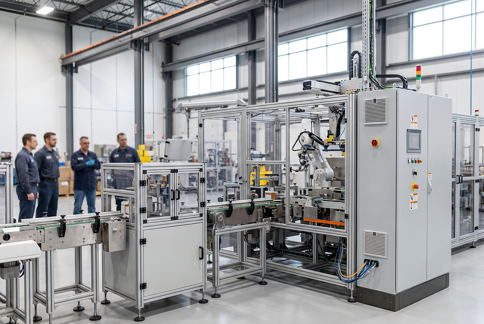 Industrial packaging machinery line operating in a manufacturing plant representing successful US market deployment.