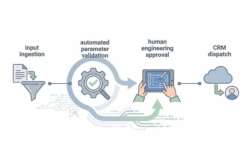 Illustration of an automated manufacturing quotation and technical specification workflow.