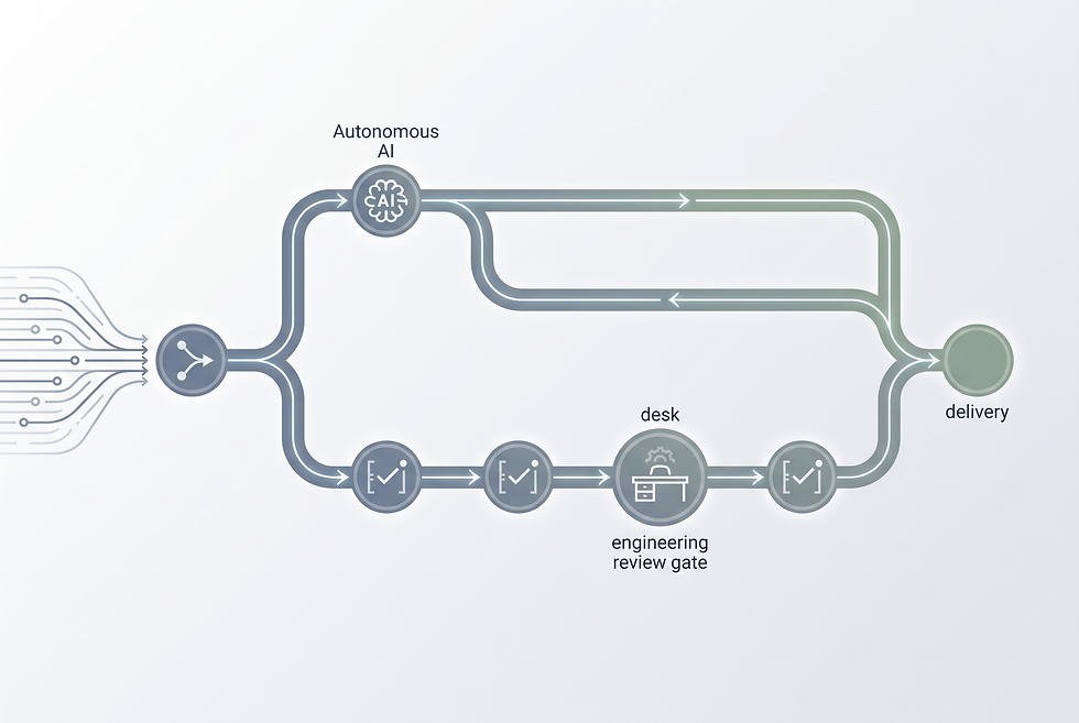 Workflow diagram showing autonomous AI technical data delivery alongside application engineering review gates.