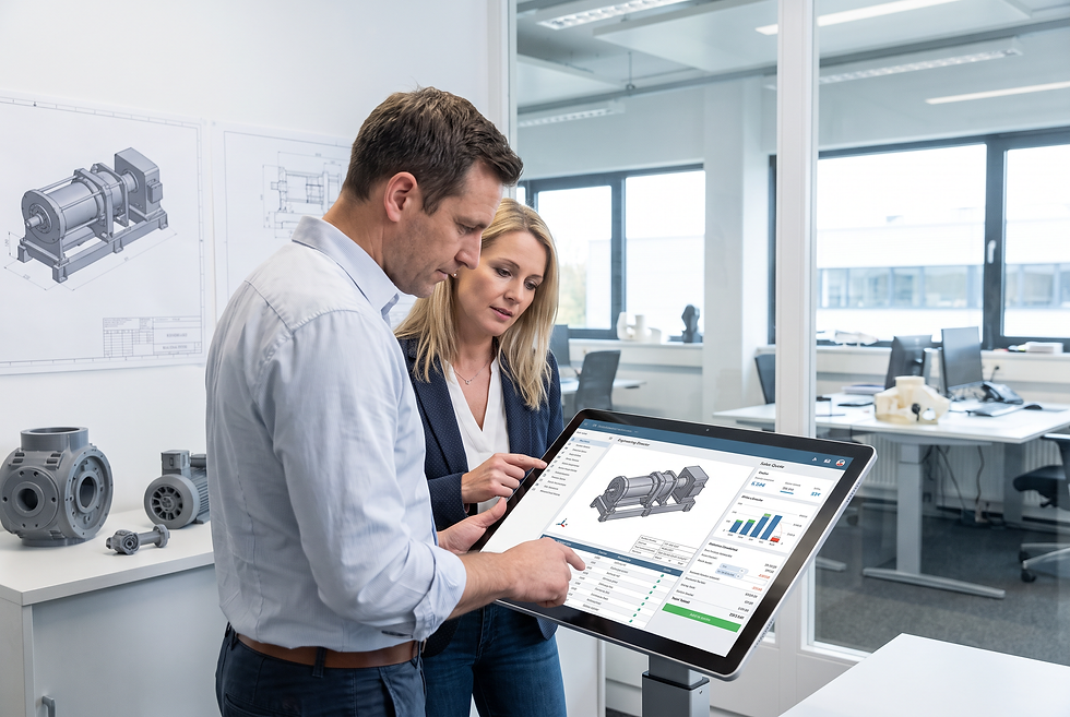 Industrial sales director and technical engineer reviewing machine specifications and digital sales enablement data in a modern office.