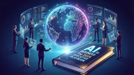 A futuristic, isometric illustration featuring a team of diverse business executives standing around a large, glowing book titled 'AI in BUSINESS: The 2026 EXECUTIVE PLAYBOOK'. A digital globe floats above the book connected by neon data lines, while the executives analyze holographic screens displaying financial charts and analytics in a high-tech, dark blue corporate environment.