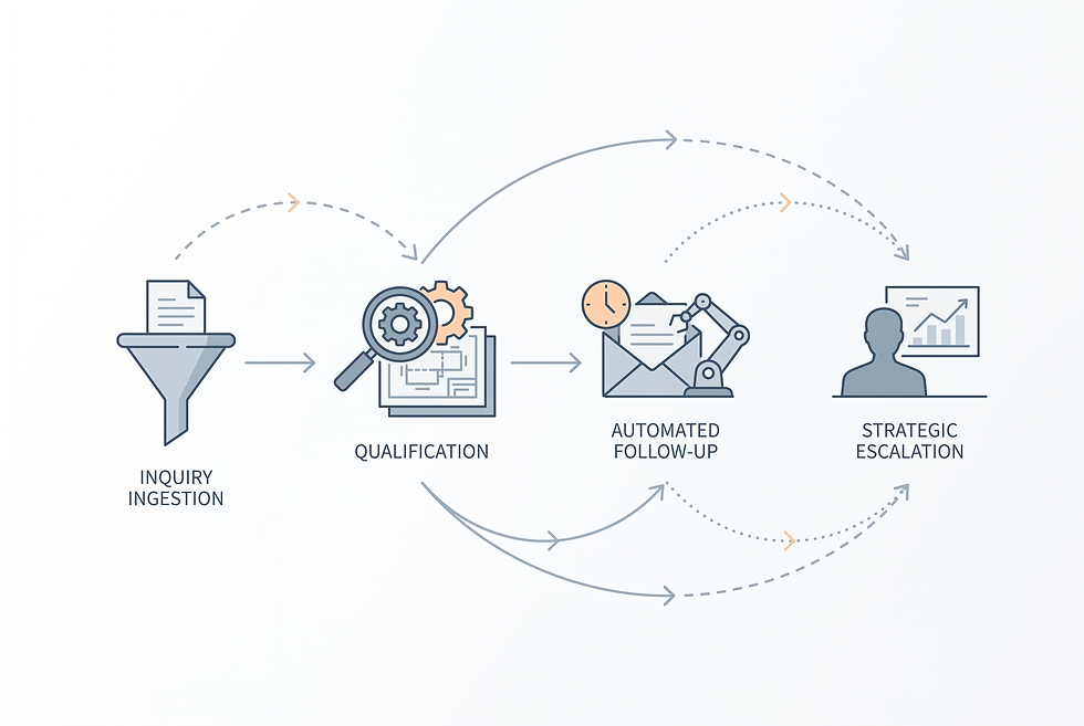 B2B commercial sales workflow diagram comparing technical inquiry qualification, proposal follow-up, and human escalation.