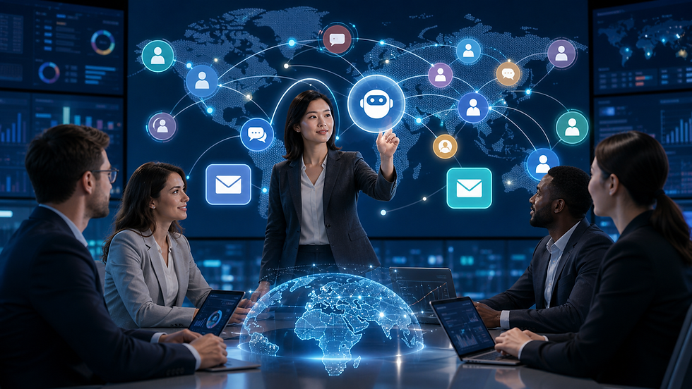 Business team in a dark boardroom, woman points at a glowing AI and global network display with chat and email icons.