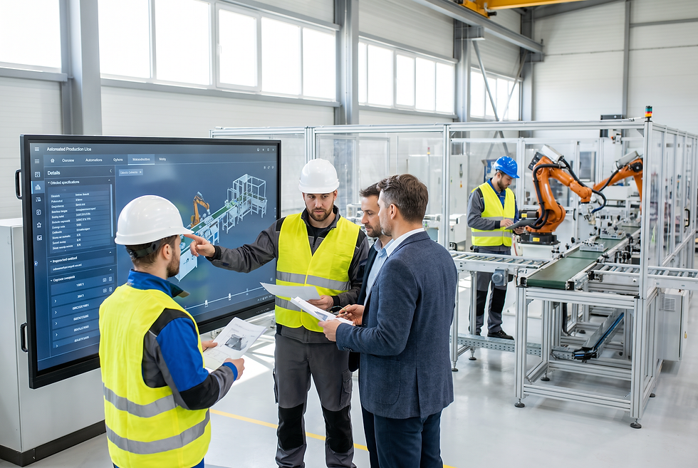 Industrial sales directors and technical engineers analyzing manufacturing automation opportunities on a factory floor.