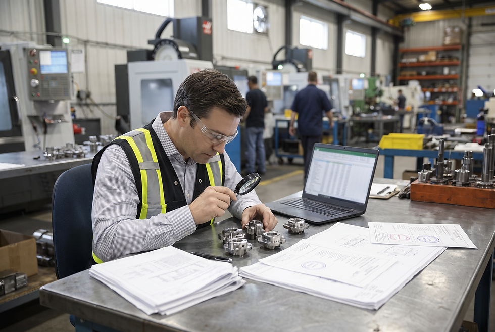 Industrial sales engineer evaluating precision metal 3D printed components and technical production documentation.