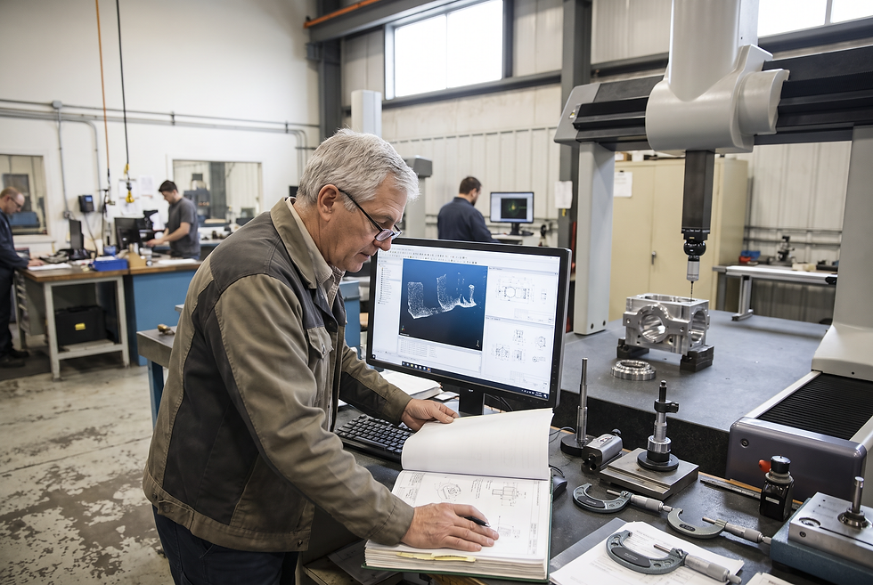 Quality control engineer inspecting precision components and compliance documentation in an industrial testing facility.