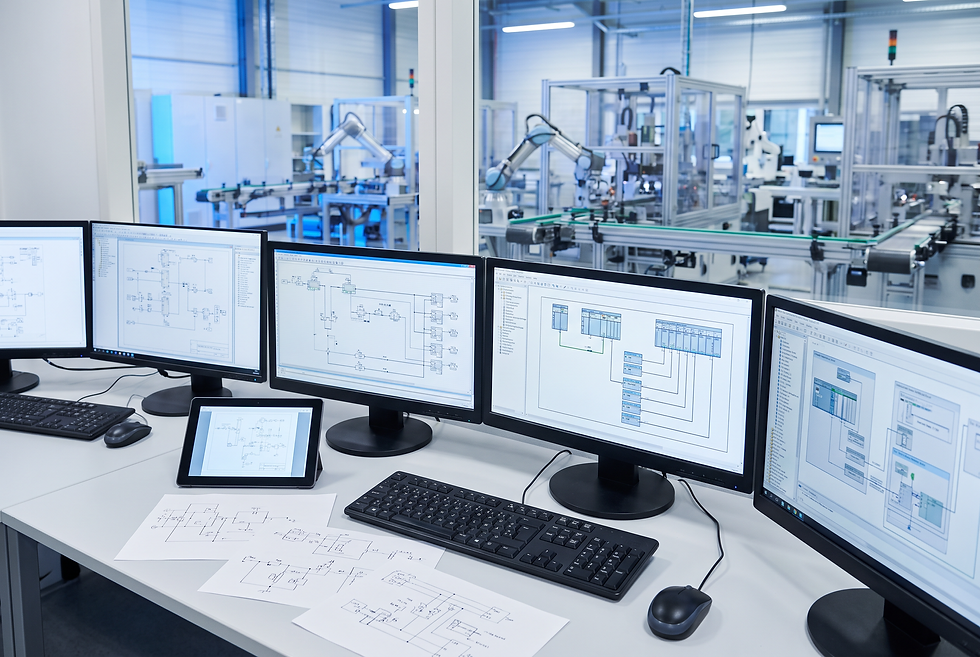 Industrial engineering setting showing control architecture documentation and factory automation planning tools.