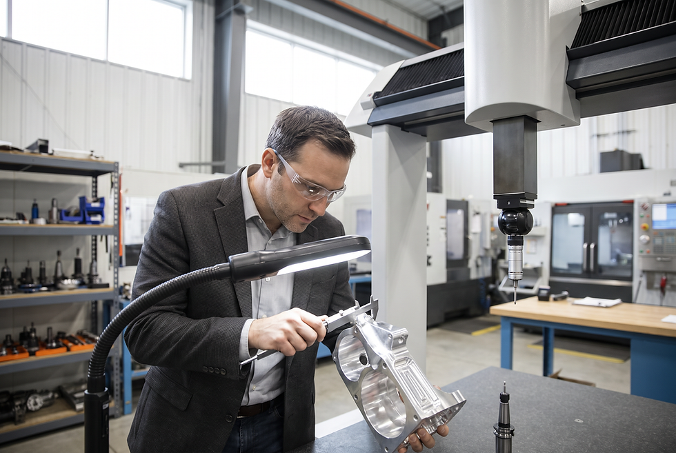 Manufacturing sales engineer examining precision CNC machined metal component against quality inspection standards.