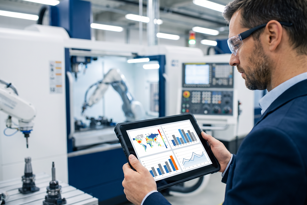 Industrial sales director evaluating channel partner performance and distributor management reports in an equipment manufacturing environment.