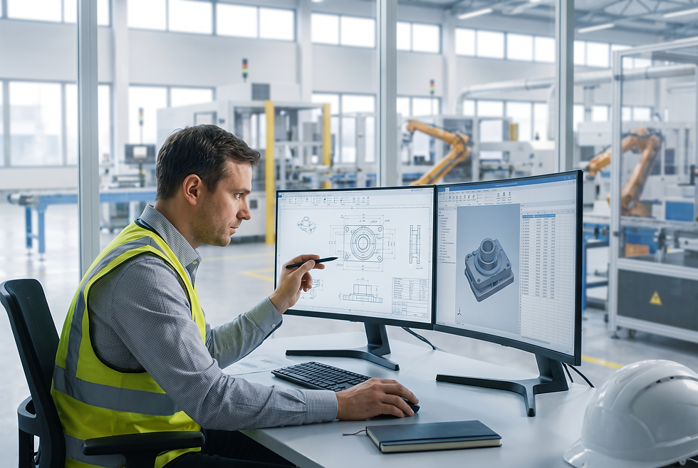 Industrial sales engineer reviewing technical equipment specifications and quotation data in a manufacturing office.