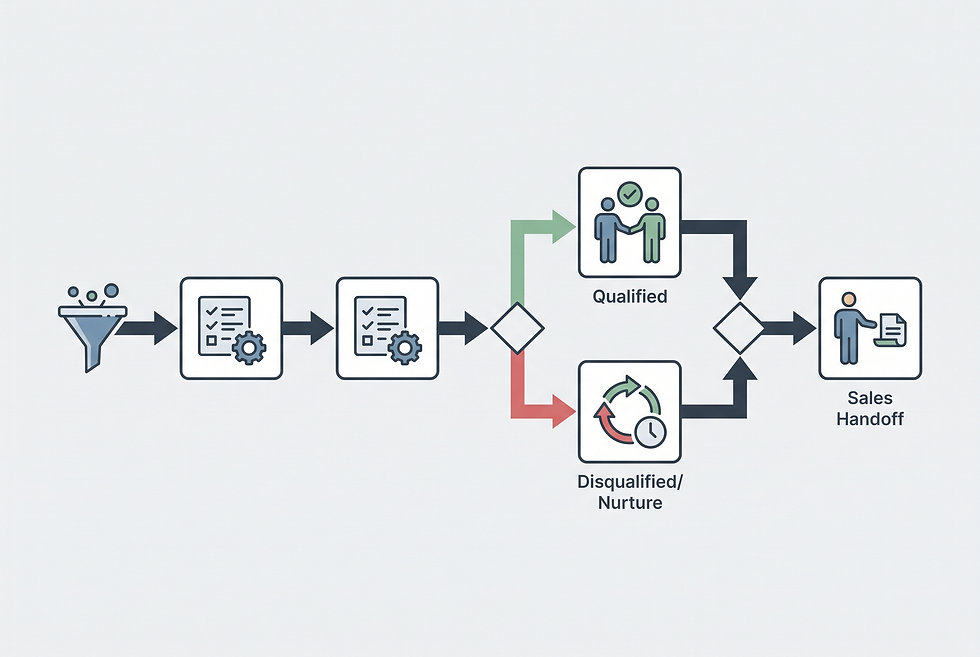 Structured enterprise qualification workflow chart illustrating lead progression and human-in-the-loop sales handoff checkpoints.