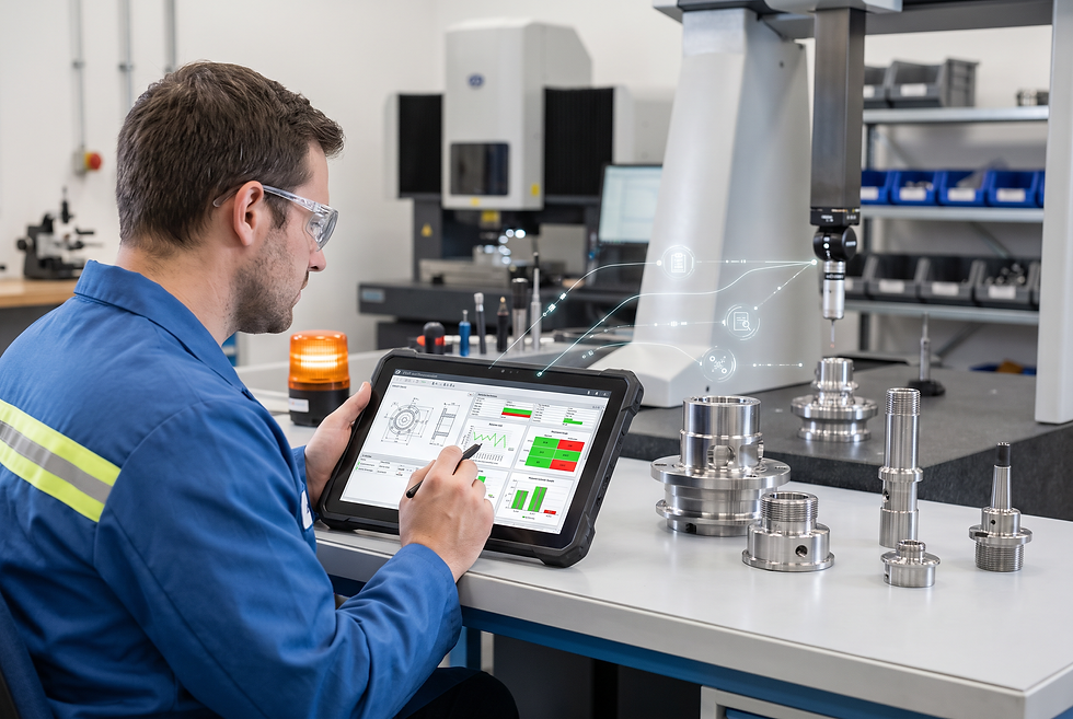 Quality control engineer reviewing technical inspection reports and precision machined components during the vendor validation process.