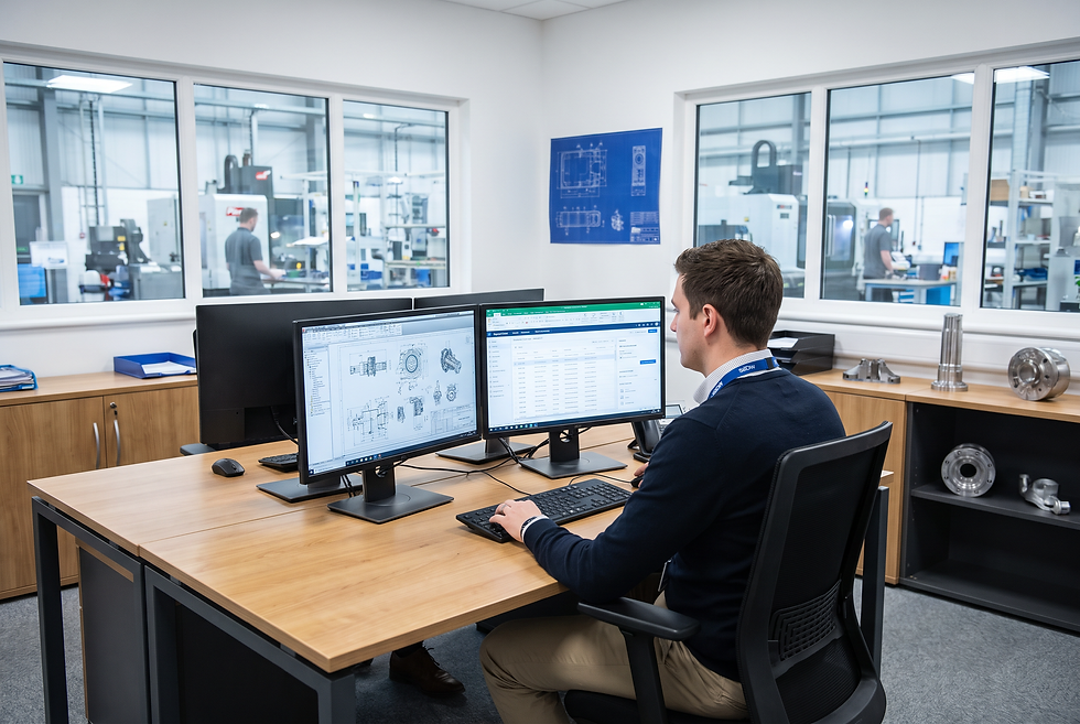 Technical sales engineer verifying product specifications and enterprise account data in an industrial office environment.