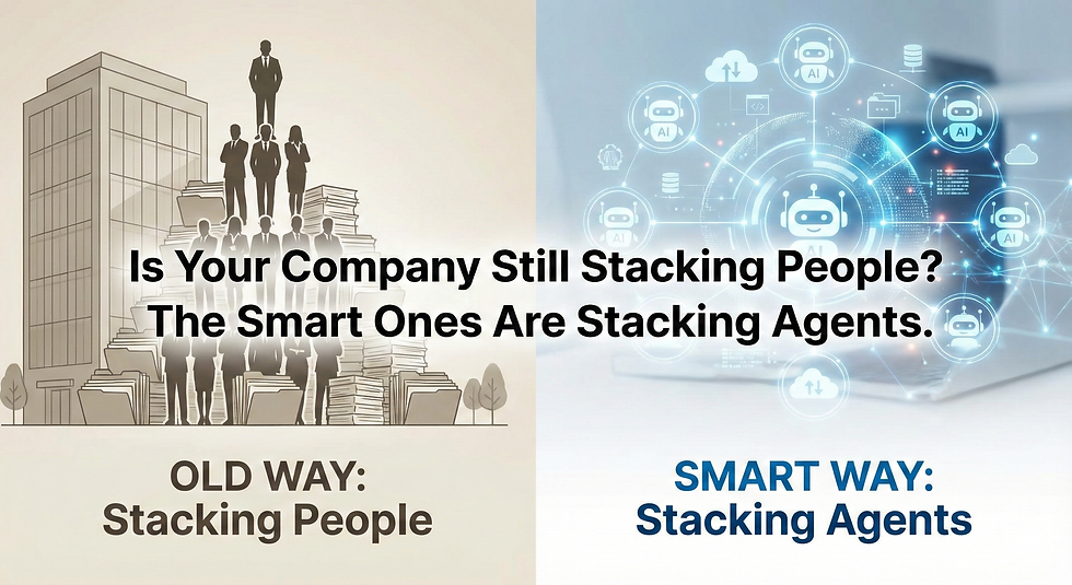 圖對比傳統「OLD WAY: Stacking People」與「SMART WAY: Stacking Agents」,標語:Is Your Company Still Stacking People? The Smart Ones Are Stacking Agents.