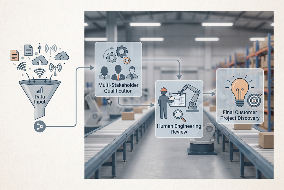 Warehouse automation lead generation workflow showing signal ingestion, multi-stakeholder buying committee engagement, and engineering discovery.