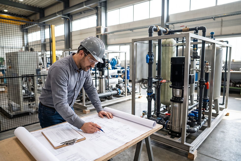 Application engineer reviewing fluid chemistry specifications and technical drawings beside an industrial water treatment skid.