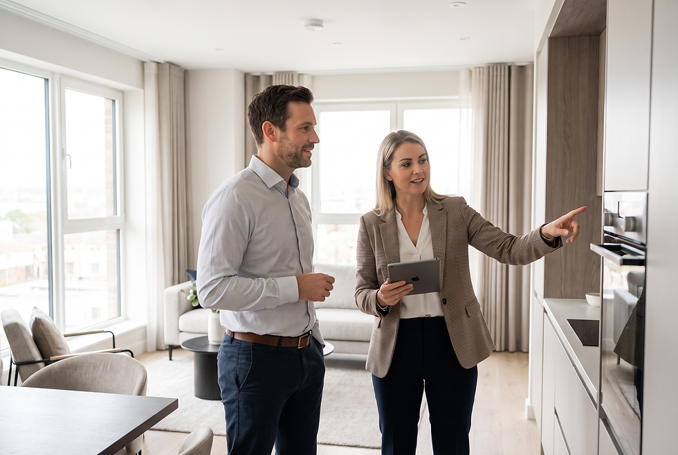 Property manager conducting an in-person apartment tour with a prospective resident.