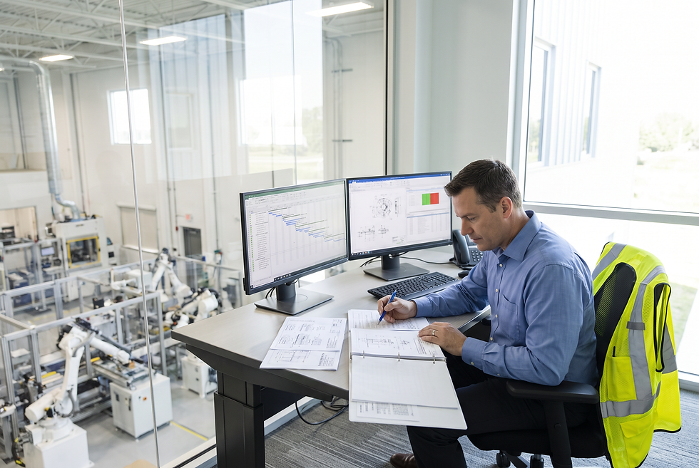 Technical sales operations director reviewing pipeline opportunities and operational reports in a modern enterprise facility.