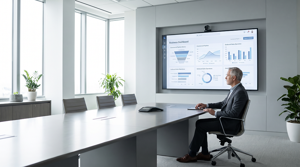 Enterprise revenue leader evaluating commercial pipeline metrics and outbound sales operations in a modern corporate setting.