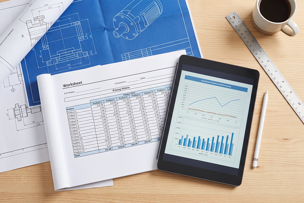 Analytical business framework displaying industrial marketing deliverables, pricing models, and pipeline performance charts.