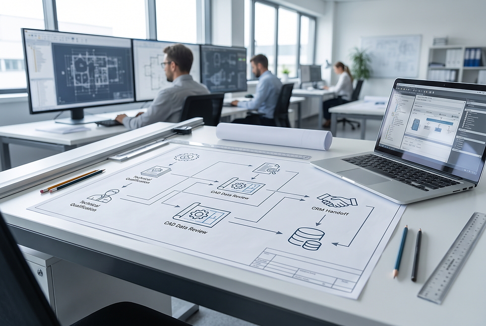 Technical manufacturing qualification workflow illustrating the handoff from inbound inquiry to engineering review.