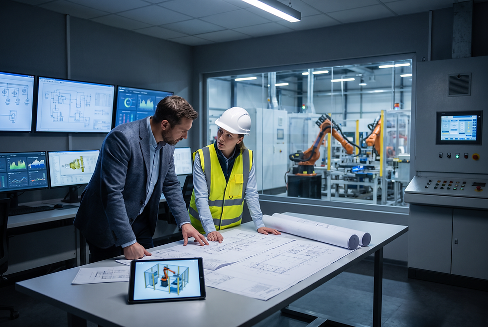 Plant operations manager and automation application engineer evaluating robotic cell layouts and production line feasibility plans.