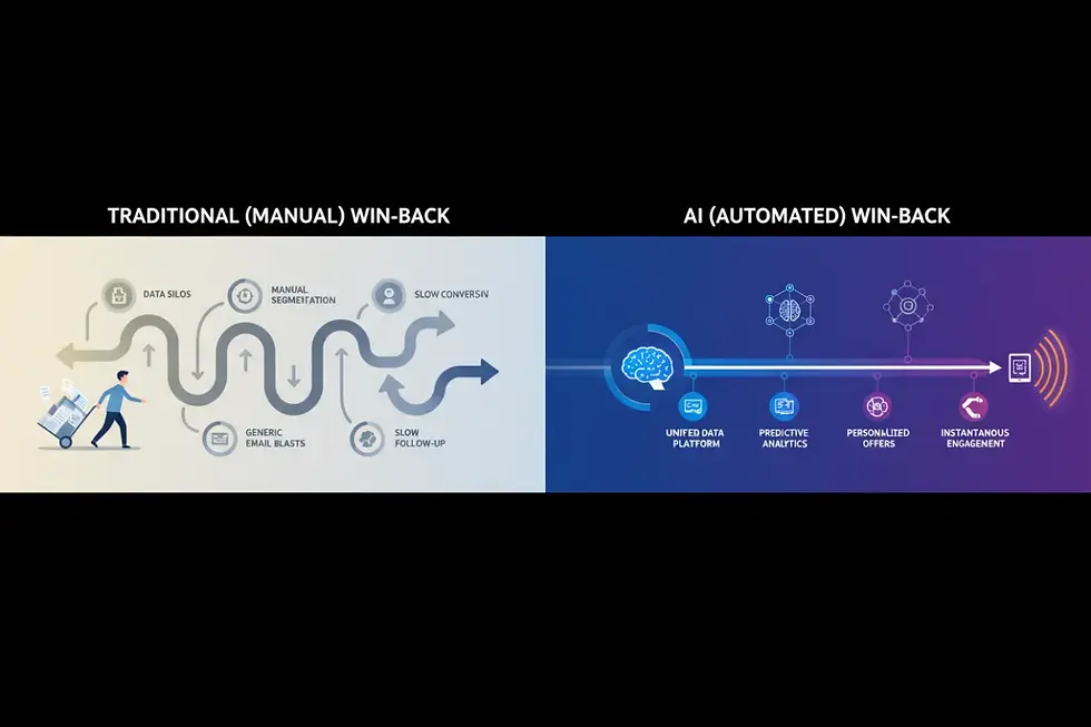 Comparison infographic between traditional customer reactivation and AI CRM win-back campaigns.