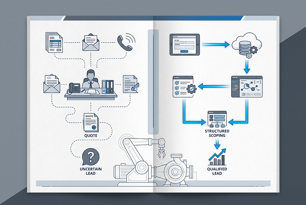 Workflow diagram comparing traditional machinery inquiry handling with structured technical parameter qualification.