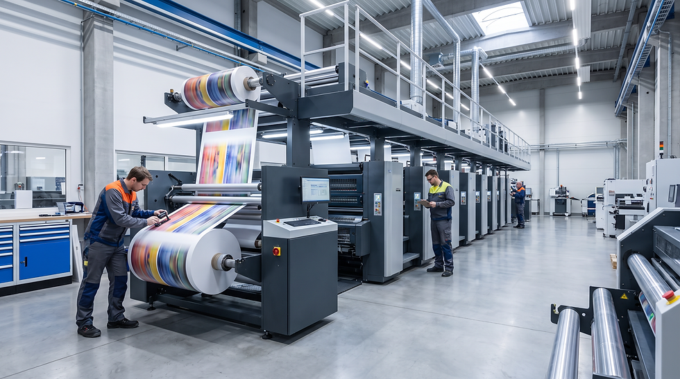 Industrial printing machinery production facility showing automated press equipment and engineers evaluating print output during a distributor strategy review.