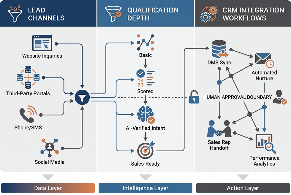 Buyer decision framework comparing automotive AI BDC platforms across lead channels, qualification depth, and CRM integration workflows.