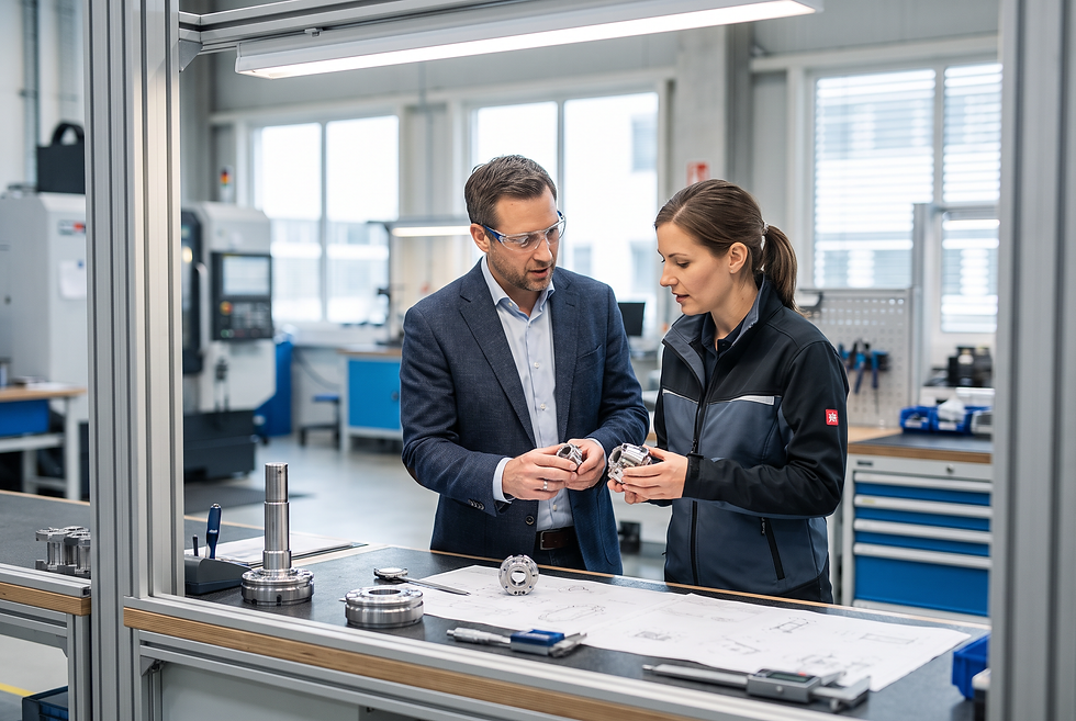 Manufacturing sales director and technical engineer evaluating component specifications during an enterprise account review.