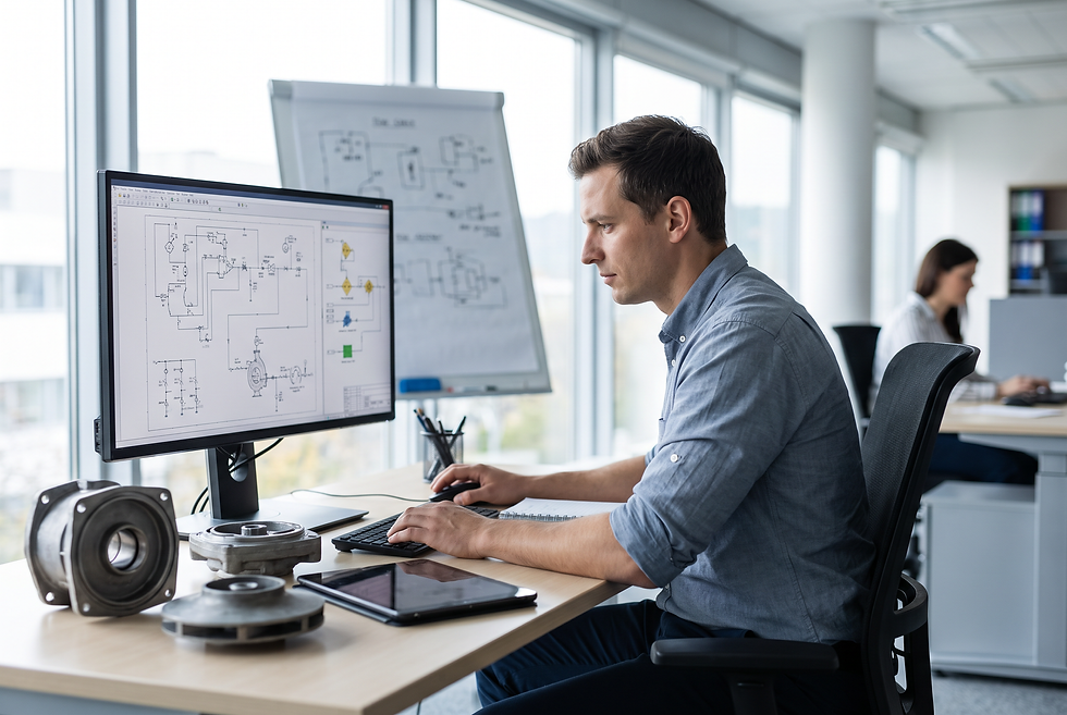 Application engineer reviewing technical product specifications and legacy equipment replacement data in an industrial office.