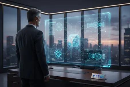 Manufacturing executive reviewing a product brain AI system on an interactive dashboard