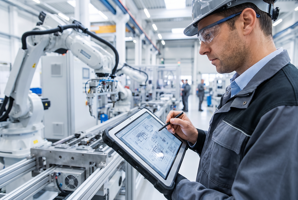 Application sales engineer reviewing technical machinery specifications and project requirements on a production plant floor.