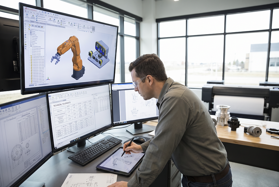 Mechanical engineer verifying technical sensor placement and CAD integration within an automated machine design project.
